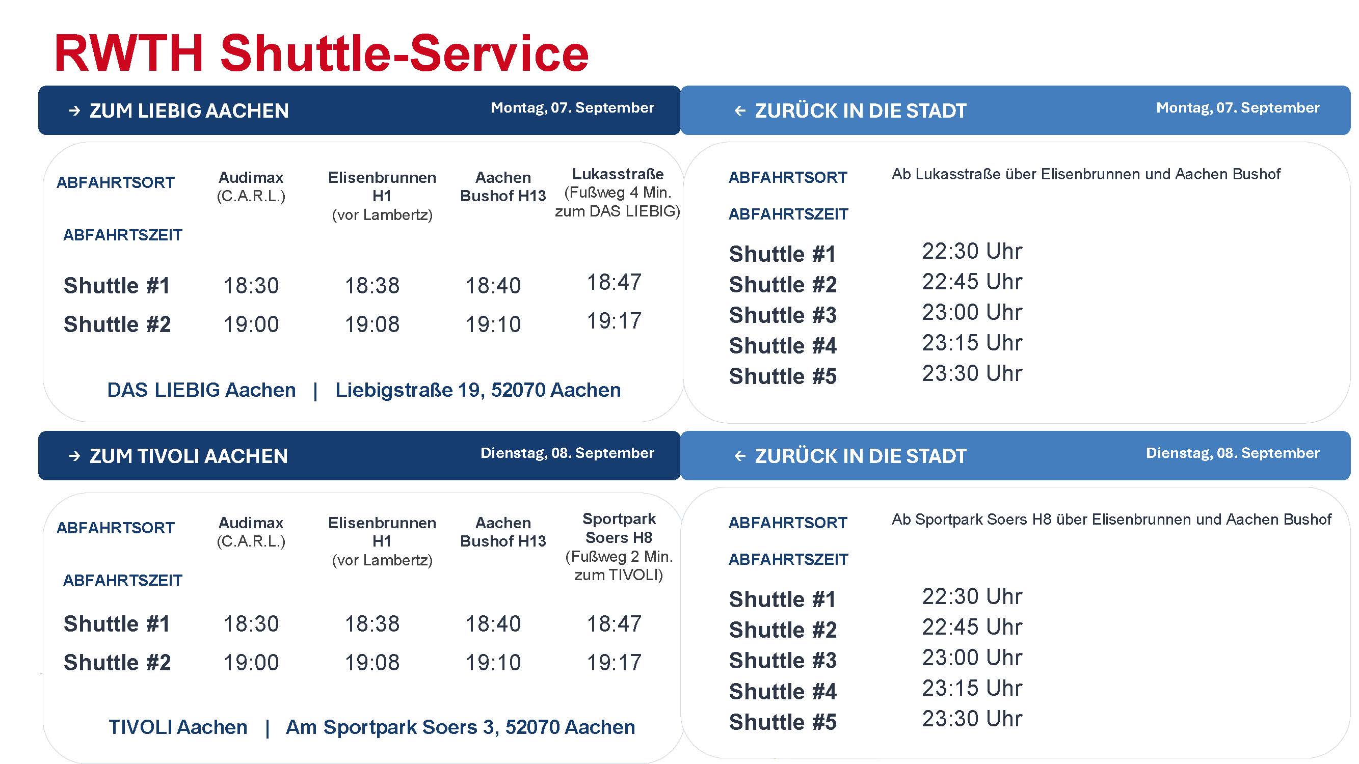 Bilder: Shuttle Zeiten im Rahmen der DINI ZKI Tagung Montag und Dienstagabend